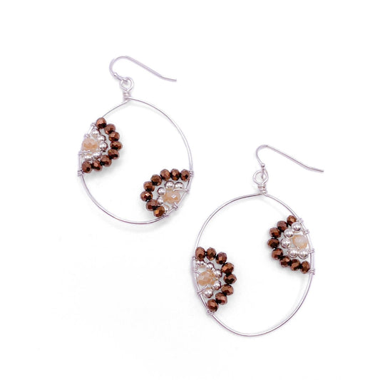 Brown cream silver flower earrings